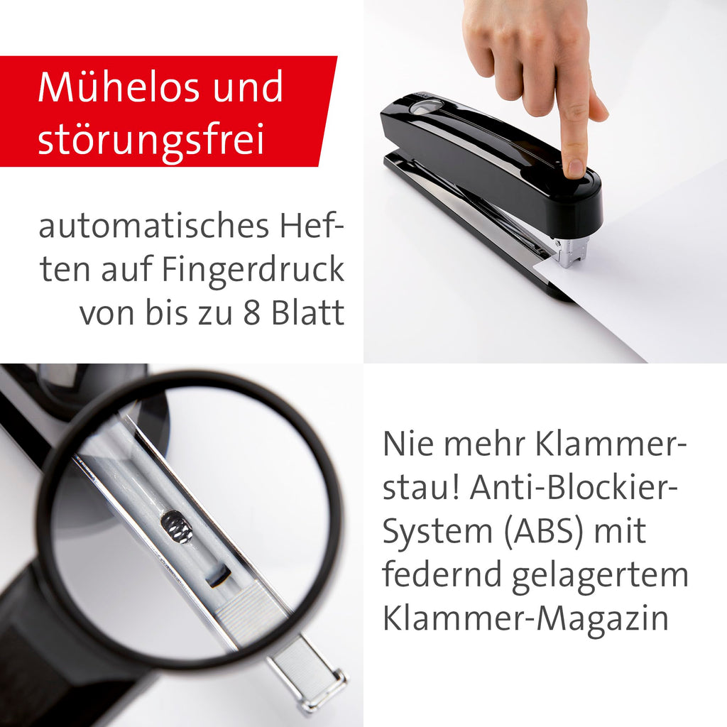 Novus B 7A Komfort Heftgerät (30 Blatt Heftleistung, Automatik-Funktion, inkl. 200 Klammern) schwarz glänzend