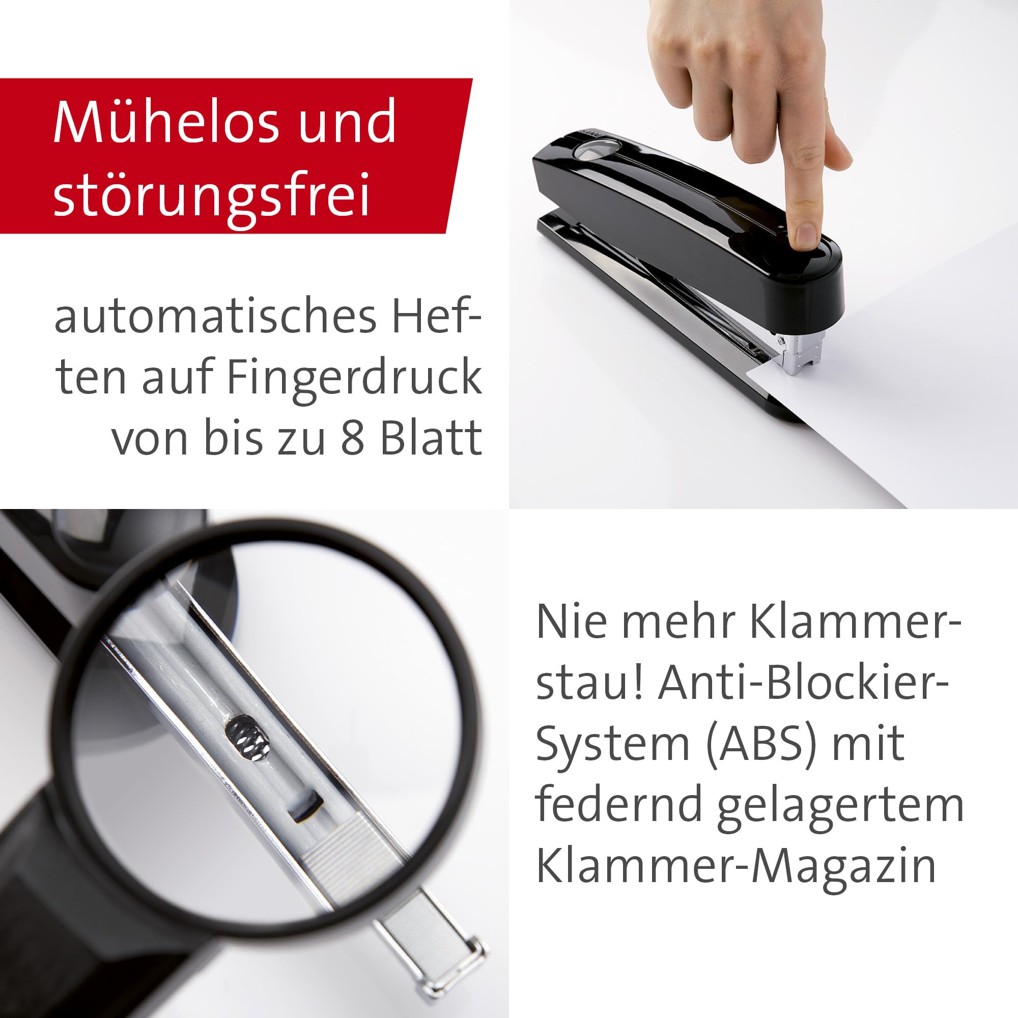 Novus B 7A Komfort Heftgerät (30 Blatt Heftleistung, Automatik-Funktion, inkl. 200 Klammern) schwarz glänzend