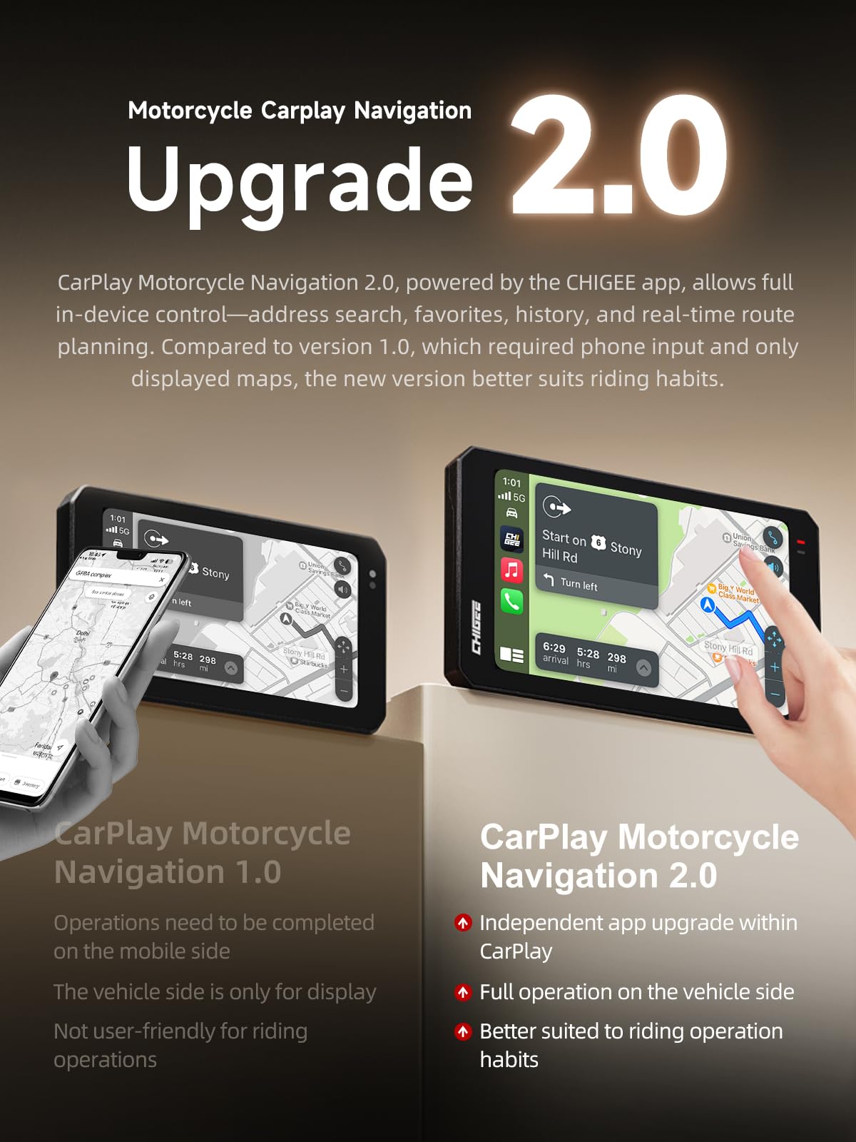 CHIGEE AIO-6 MAX Motorcycle Carplay Android Auto GPS Navigation System, BSD, STARVIS HDR 5" LCD, 60FPS,5G Wi-Fi BT, IPX9 Waterproof, Support Siri Google Assistant, 24H Parking Mode, Dedicated App