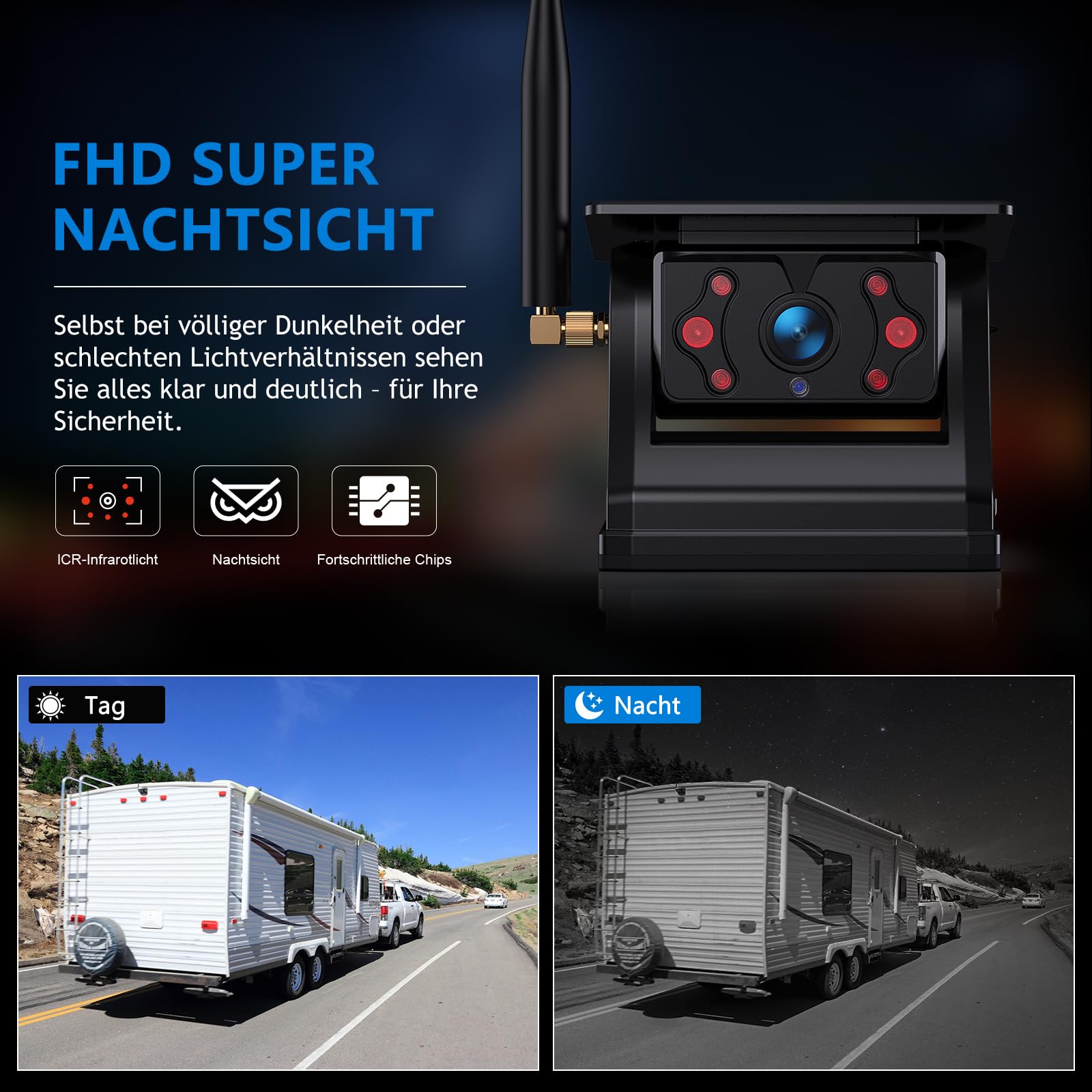 eRapta 2 Magnetische Solar Rückfahrkamera kabellos: 12000mAh Akku, 7'' 1080P Touchscreen IPS-Monitor, 1 Min DIY Installation, IP69K wasserdichte Rückfahrkamera für Wohnmobil Wohnwagen Anhänger LKW