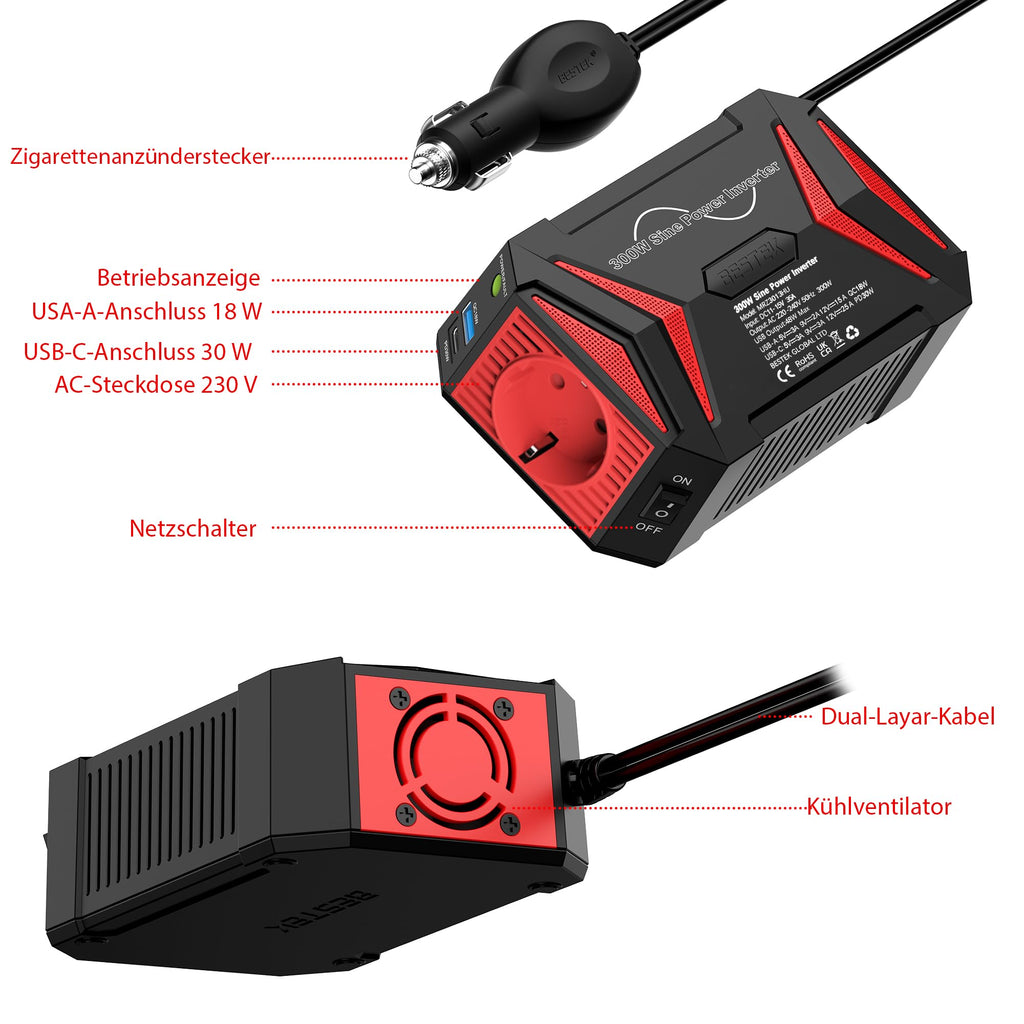 Reiner Sinus wechselrichter 12v auf 230v/BESTEK 300W stromwandler 12 auf 230/steckdose Auto Adapter/Auto wechselrichter,Inverter,inkl. Kfz Zigarettenanzünder Stecker