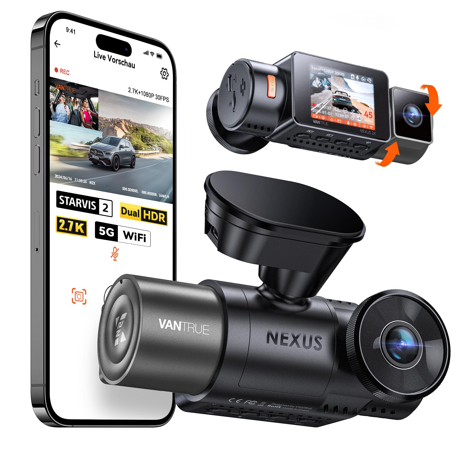 VANTRUE N2X 2.7K+1080P Dashcam Auto Vorne Innen, STARVIS 2 Dual HDR Nachtsicht Dash Cam, 2.5K/60FPS Front, GPS, 5GHz WiFi, App & Sprachsteuerung, 2″ 323° Dasch-Cam 24/7 Parkmodus, G Sensor, max. 1TB