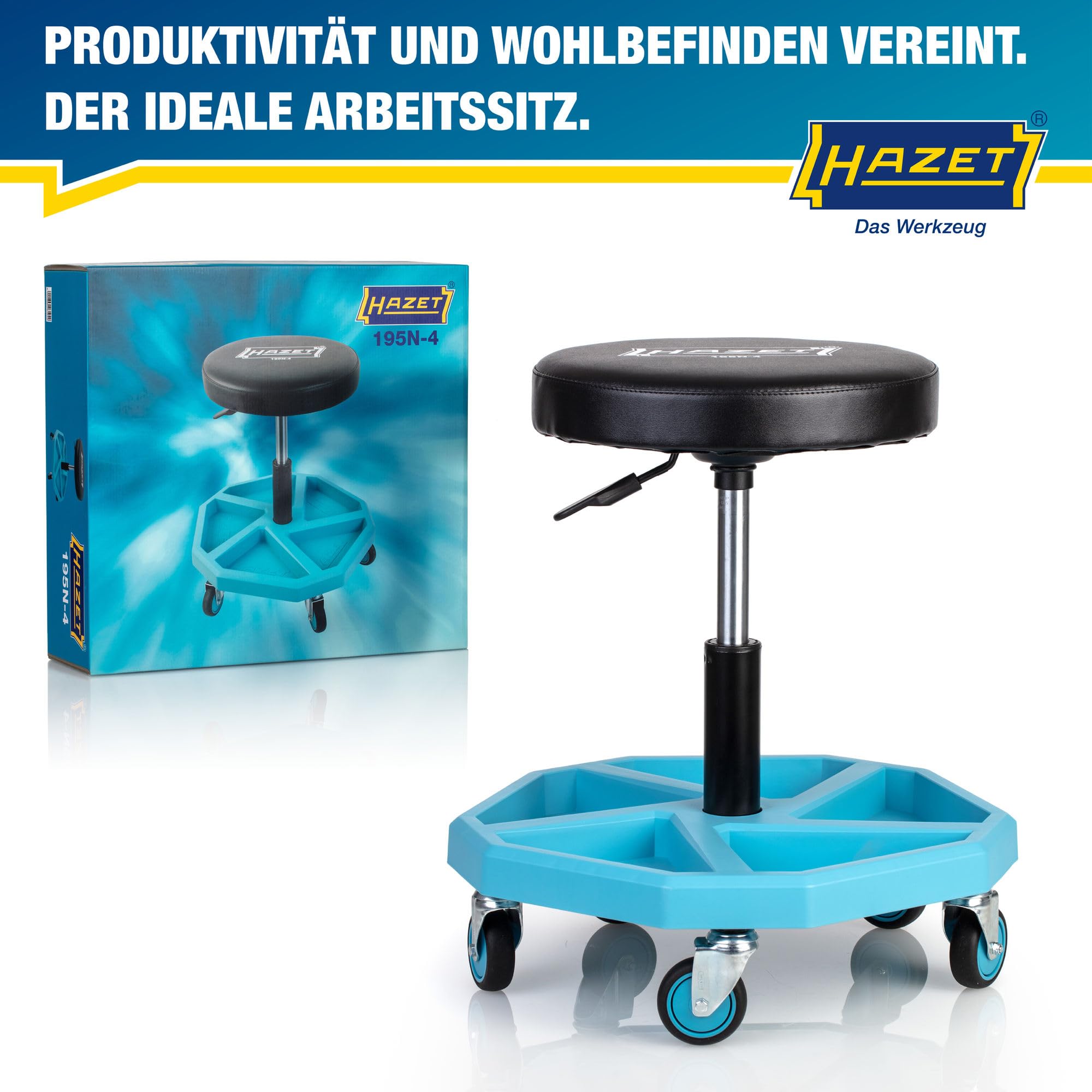 HAZET Arbeitssitz 195N-4; stabile Vierkant-Rohrrahmenkonstruktion; 5 Leichtlaufrollen 75 mm; höhenverstellbar 430-550 mm; belastbar bis 150 kg; großes Sitzkissen 350 mm