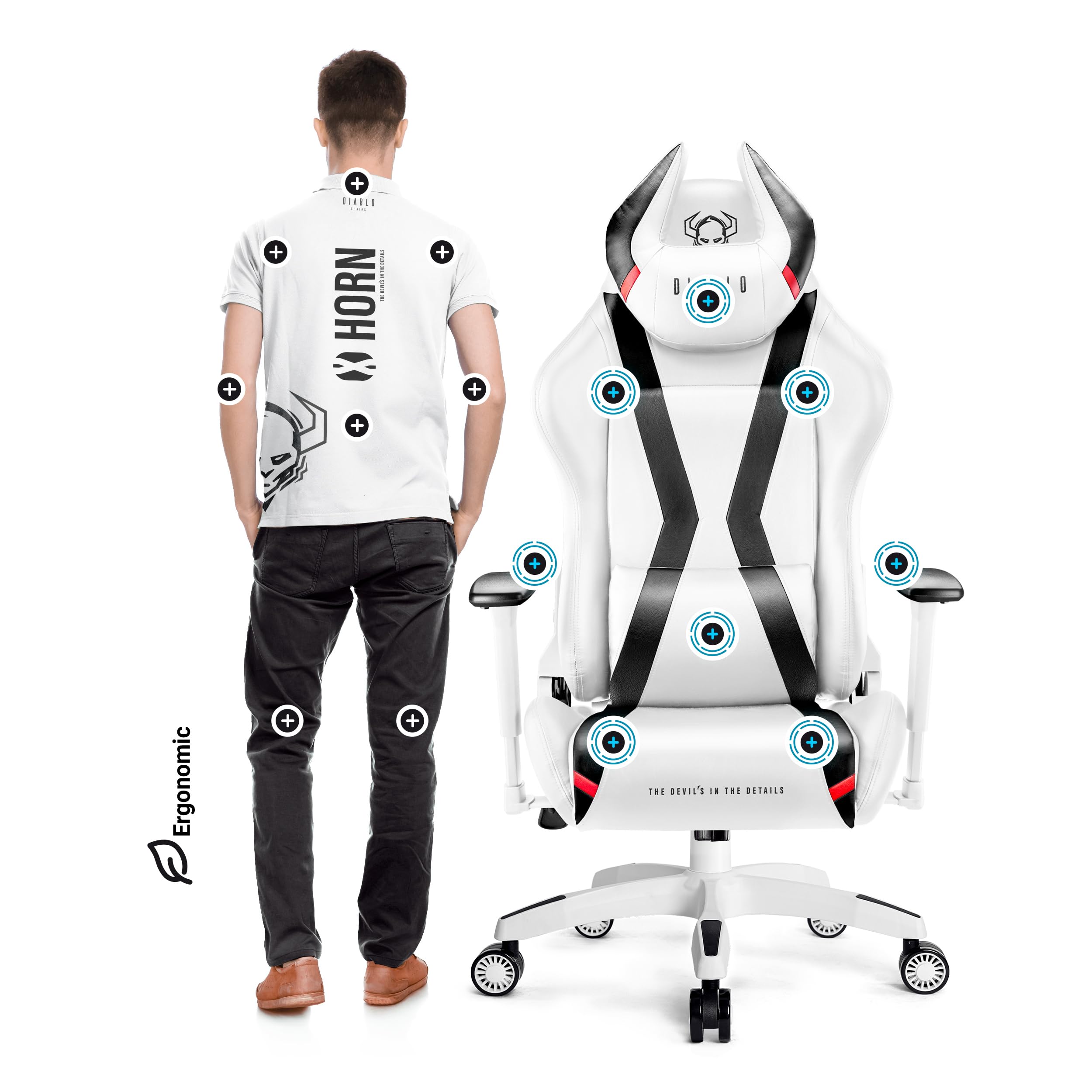 Diablo Gaming Stuhl X-Horn 2.0 Bürostuhl Gamer Chair Schreibtischstuhl 3D Armlehnen Ergonomisches Design Nacken/- Lendenkissen Kunstleder Wippfunktion Weiß King (XL)