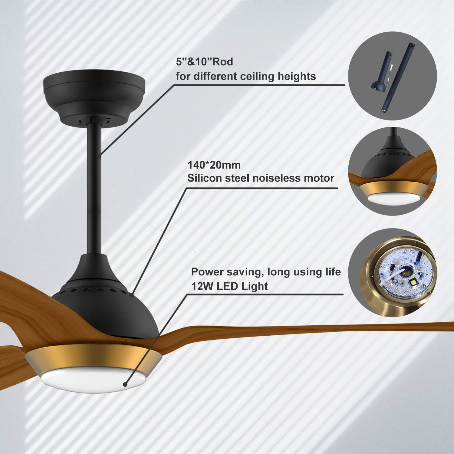 reiga Deckenventilator mit dimmbarer LED-Beleuchtung 132 cm Leiser DC-Motor mit starkem Luftstrom, 6 Geschwindigkeiten, 3 Farbtemperaturen, Fernbedienung für Wohnzimmer, Schlafzimmer & Büro