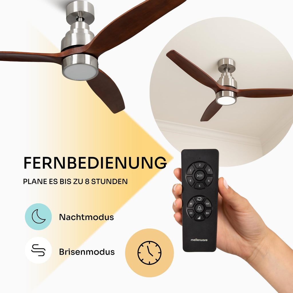 Mellerware - Deckenventilator mit Fernbedienung Brizy Bright | 45 W | 6 Geschwindigkeiten | Ultra leise | 3 Flügel 132 Durchmesser | Sommer-Winter-Funktion | Timer | LED | Darkwood
