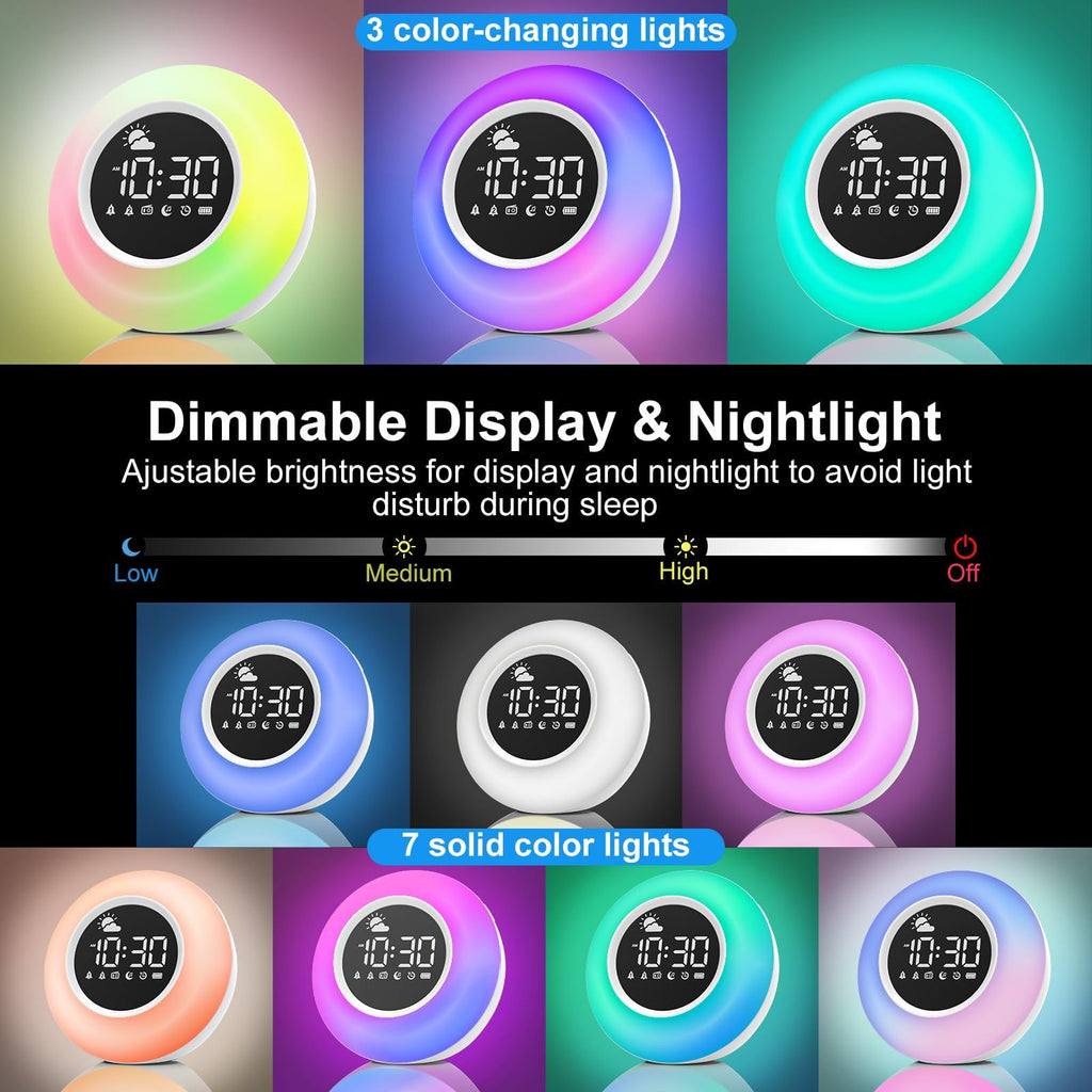 Kinder Wecker Digital, Schlaftrainer mit Nachtlicht, Lichtwecker mit 10 White Noise, Snooze und Timer 15/30/60/90 mins, LED mit Licht Tischuhr ohne Tick, Geschenke für Mädchen Jungen