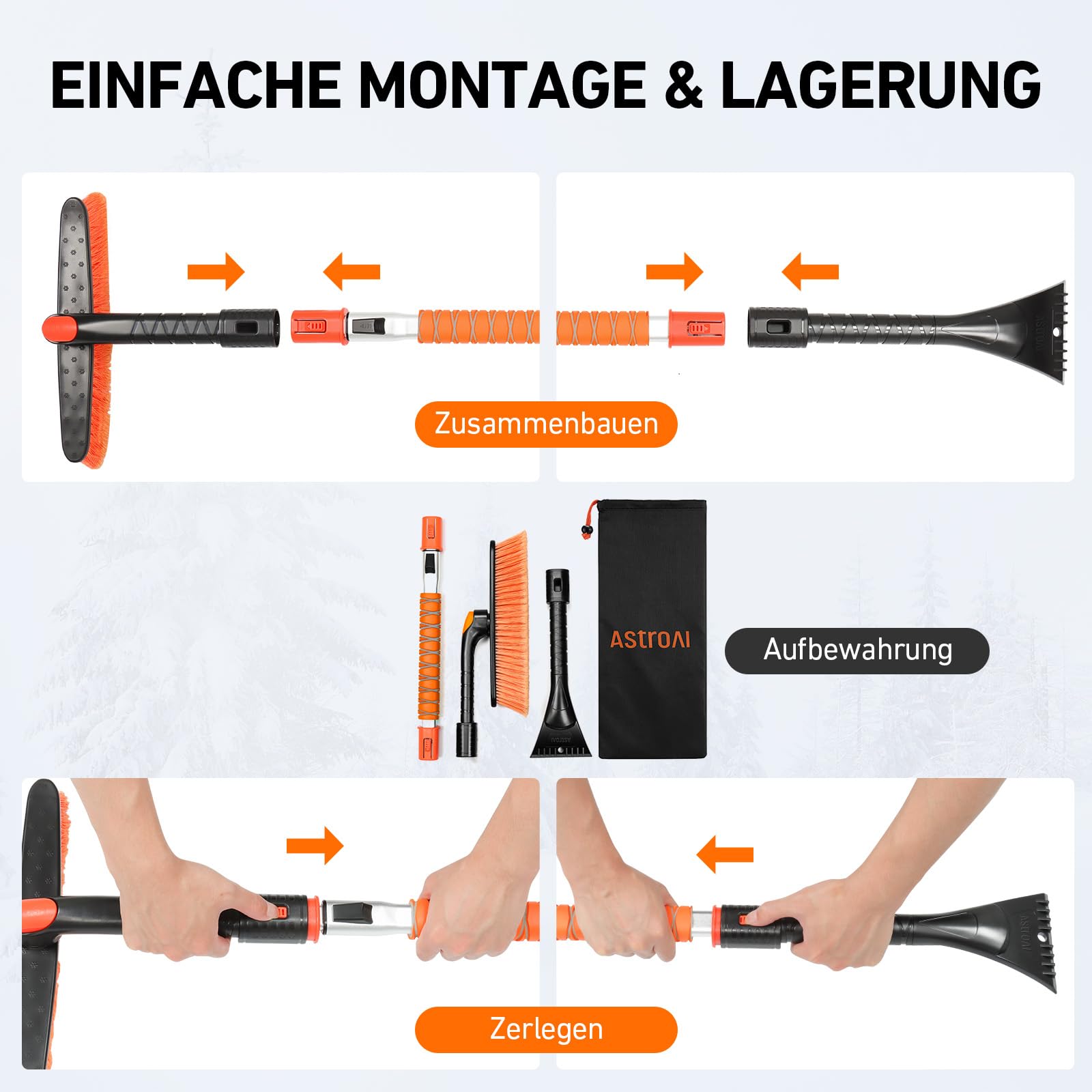 AstroAI Eiskratzer Auto mit Besen 120CM Lang Ausziehbarer Schneebesen Abnehmbarer Eisschaber mit Schaumstoffgriff & 360 ° Drehbarer Bürstenkopf für Auto LKW PKW SUV