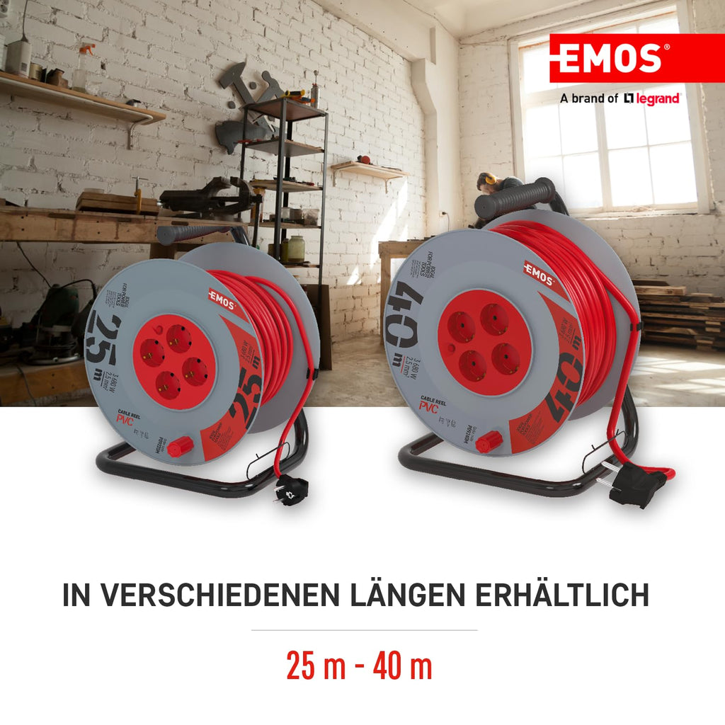 EMOS - Kabeltrommel 25m mit verstärktem Verlängerungskabel - 4 Schuko-Steckdosen - 230 V, 16 A, 3680 W - PVC-Isolierung - H05VV-F3G 2,5 mm2 - Überhitzungsschutz - IP20 für Innen