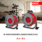 EMOS - Kabeltrommel 25m mit verstärktem Verlängerungskabel - 4 Schuko-Steckdosen - 230 V, 16 A, 3680 W - PVC-Isolierung - H05VV-F3G 2,5 mm2 - Überhitzungsschutz - IP20 für Innen