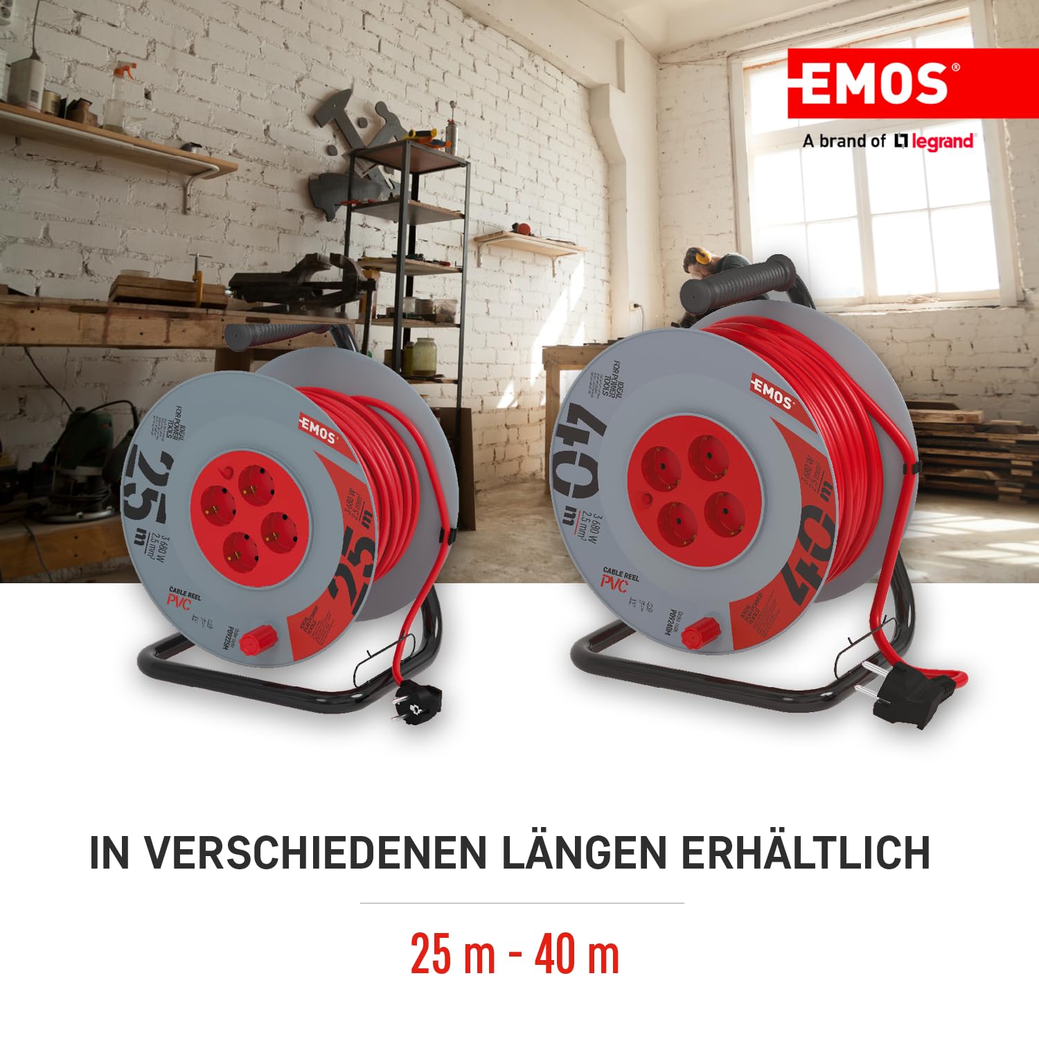 EMOS - Kabeltrommel 25m mit verstärktem Verlängerungskabel - 4 Schuko-Steckdosen - 230 V, 16 A, 3680 W - PVC-Isolierung - H05VV-F3G 2,5 mm2 - Überhitzungsschutz - IP20 für Innen