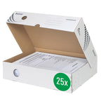 Leitz easyboxx Archiv-Klappschachtel, 80 mm Rückenbreite, Aktenkarton A4, Boxen zur Aufbewahrung mit Deckel an der Oberseite, Lagerbox mit geometrischem Design, 25 Stück, Weiß/Grau, 61340000