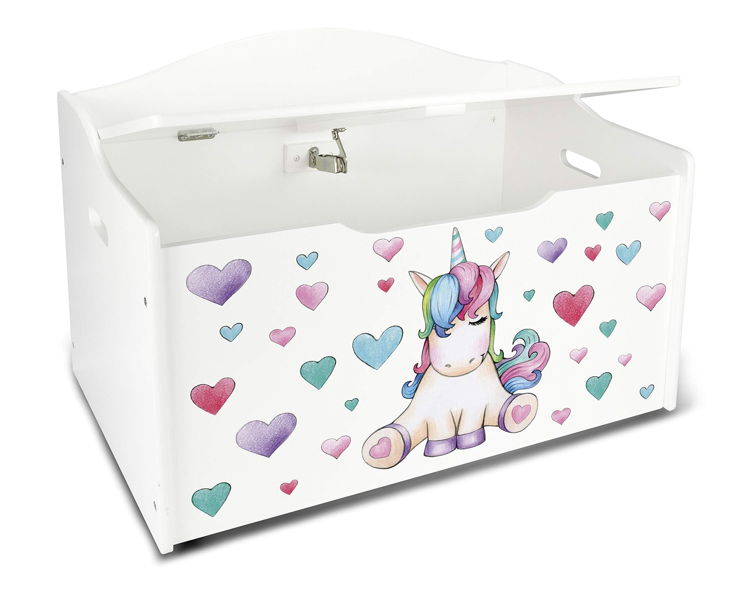 Leomark Kinderbank Hölzerne - Unicorn - Kindertruhenbank, Behälter für Spielzeug, Truhe für Kinderzimmer, Höhe: 46 cm