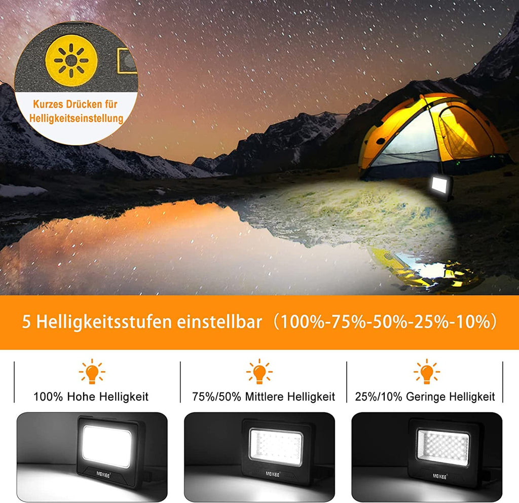 MEIKEE 80W Led Arbeitsleuchte 12000MAH LED Baustrahler Akku Strahler 4 Lichtmodi Campinglampe Tragbar 5 Helligkeiten Solar USB-Aufladung Akku Lampe für Camping, Garage, Bau, Reparatur, Notfall 2PCS