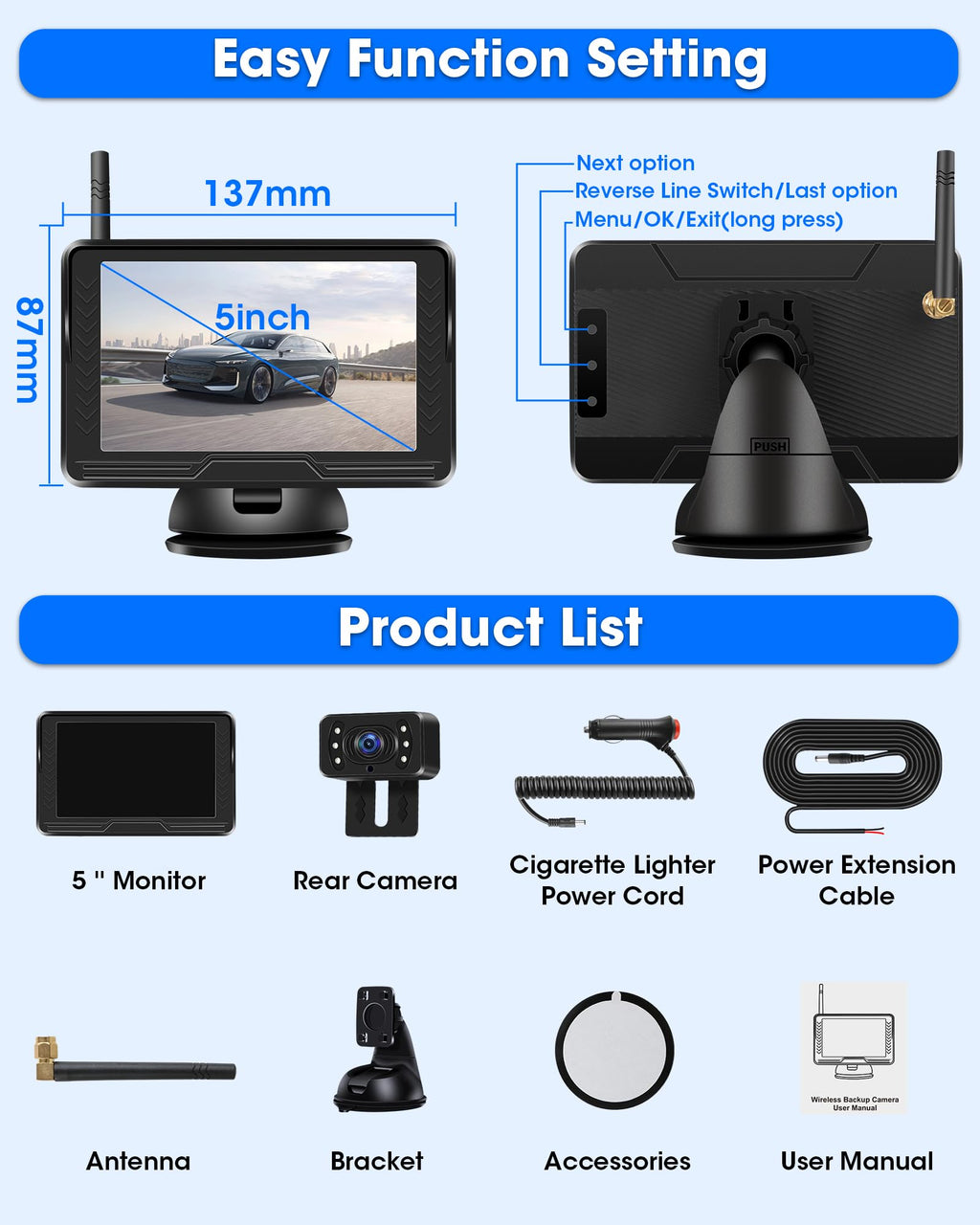 【Stabiles Bild】 AHD 1080P Rückfahrkamera Kabellos, Rückfahrkamera Funk mit 5 Zoll RückfahrKamera Monitor 6 LED Drahtlose Rückfahr-Kamera Auto Super Nachtsicht 170° Weitwinkel für DC 12V Auto SUV LKW