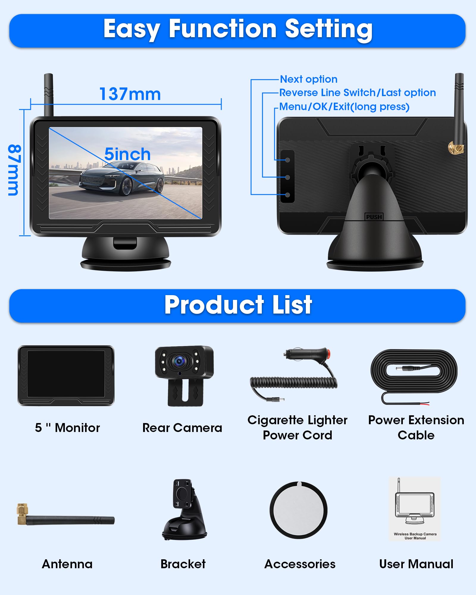 【Stabiles Bild】 AHD 1080P Rückfahrkamera Kabellos, Rückfahrkamera Funk mit 5 Zoll RückfahrKamera Monitor 6 LED Drahtlose Rückfahr-Kamera Auto Super Nachtsicht 170° Weitwinkel für DC 12V Auto SUV LKW