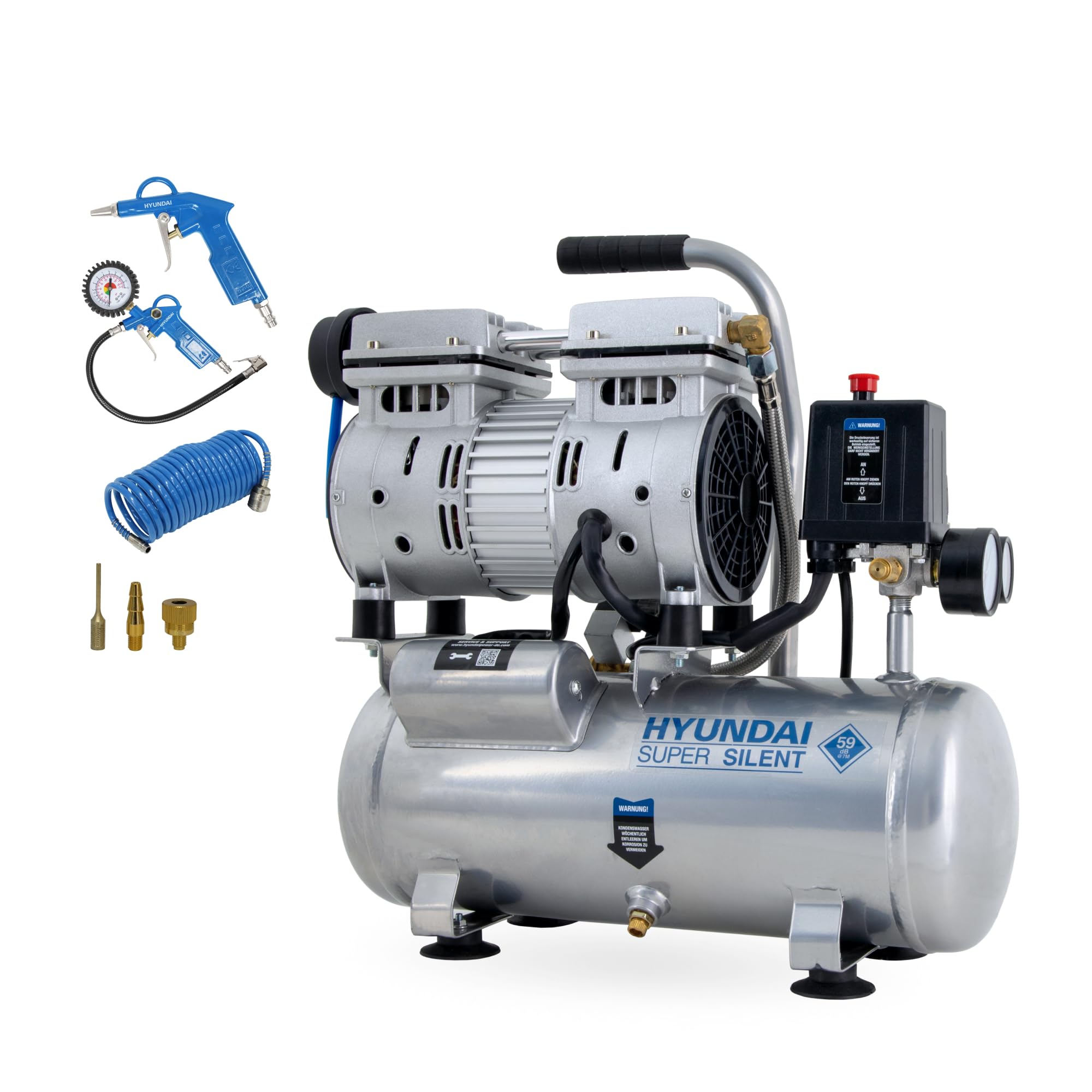 HYUNDAI Silent Kompressor SAC55751 | 6L Kessel, 8bar, ölfrei | 0.55kW / 0.75PS | Ansaugleistung 93 L/Min | klein, kompakt, tragbar | 59dB Luftkompressor leise, Flüster-Kompressor | mit Zubehör