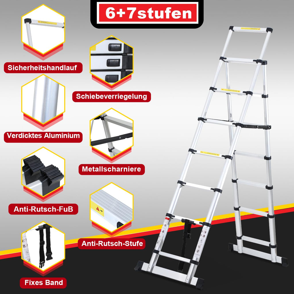 Lospitch 2M+2.3M Teleskopleiter Klappleiter, Rutschfester Aluleiter Mehrzweckleiter Ausziehbare Leiter, A-Rahmen 6+7 Sprossen Aluminiumleiter, 150 kg Tragfähigkeit