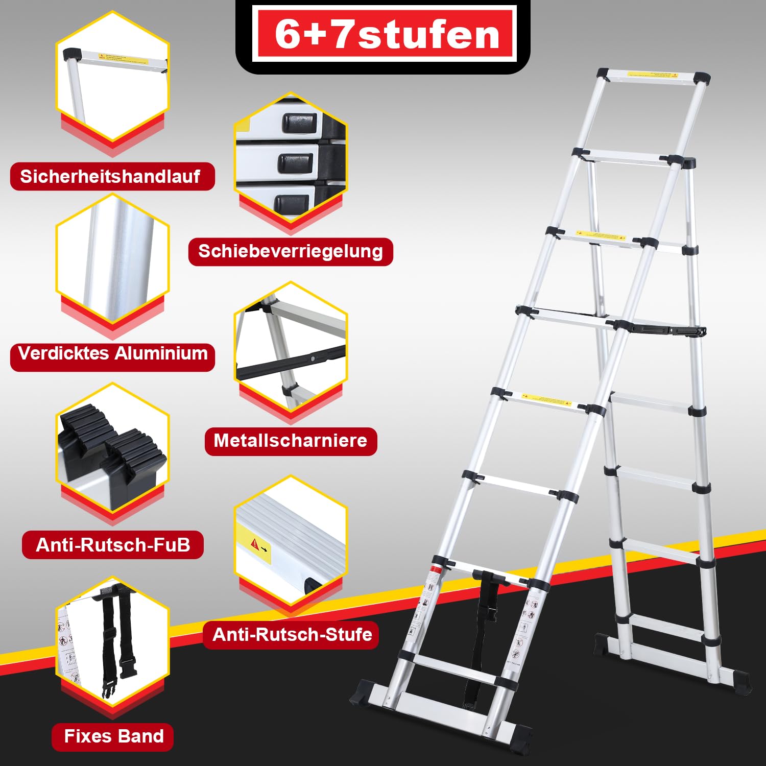 Lospitch 2M+2.3M Teleskopleiter Klappleiter, Rutschfester Aluleiter Mehrzweckleiter Ausziehbare Leiter, A-Rahmen 6+7 Sprossen Aluminiumleiter, 150 kg Tragfähigkeit