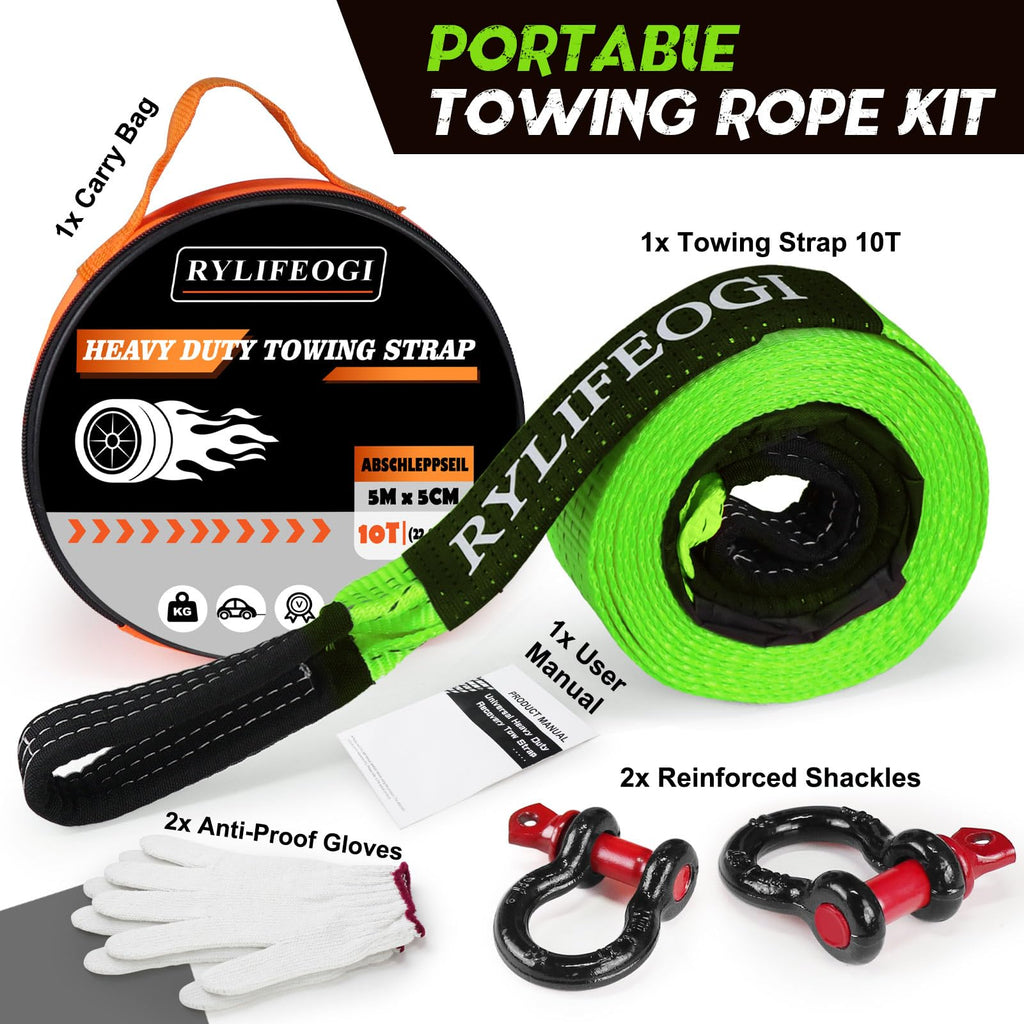 RYLIFEOGI Abschleppseil 10 Tonnen (22,000Lbs), 5mx5cm Heavy Duty Tow Strap mit 2 Verstärkten Haken 2 Handschuhen für Off-Road Fahrzeuge (Grün)