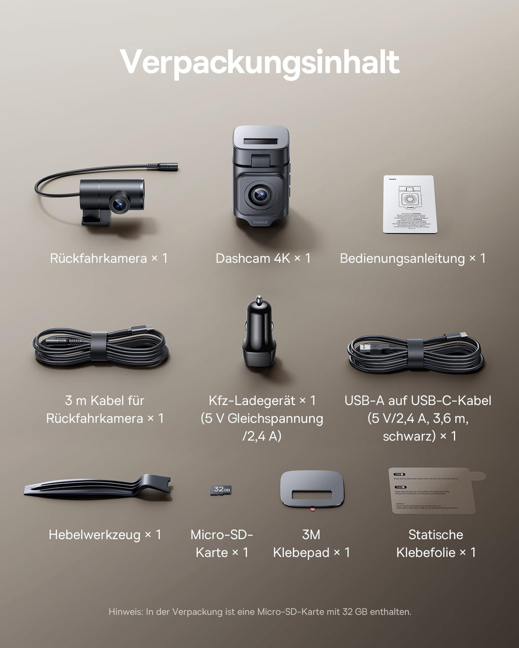 Baseus VD1 Pro Dashcam Auto Vorne Hinten 4K+1080P, Solar-Dashcam mit 14-Tägiger Batterie-Standby-Parkmodus, Dash Camera Auto mit Akku, STARVIS Nachtsicht, 5GHz WLAN, GPS, 32GB Karte