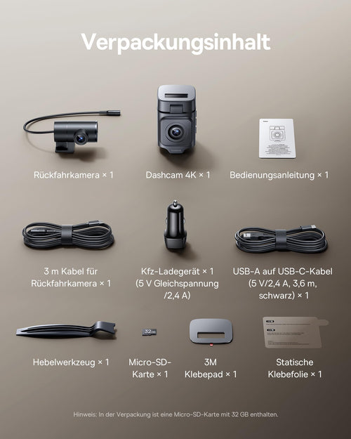 Baseus VD1 Pro Dashcam Auto Vorne Hinten 4K+1080P, Solar-Dashcam mit 14-Tägiger Batterie-Standby-Parkmodus, Dash Camera Auto mit Akku, STARVIS Nachtsicht, 5GHz WLAN, GPS, 32GB Karte
