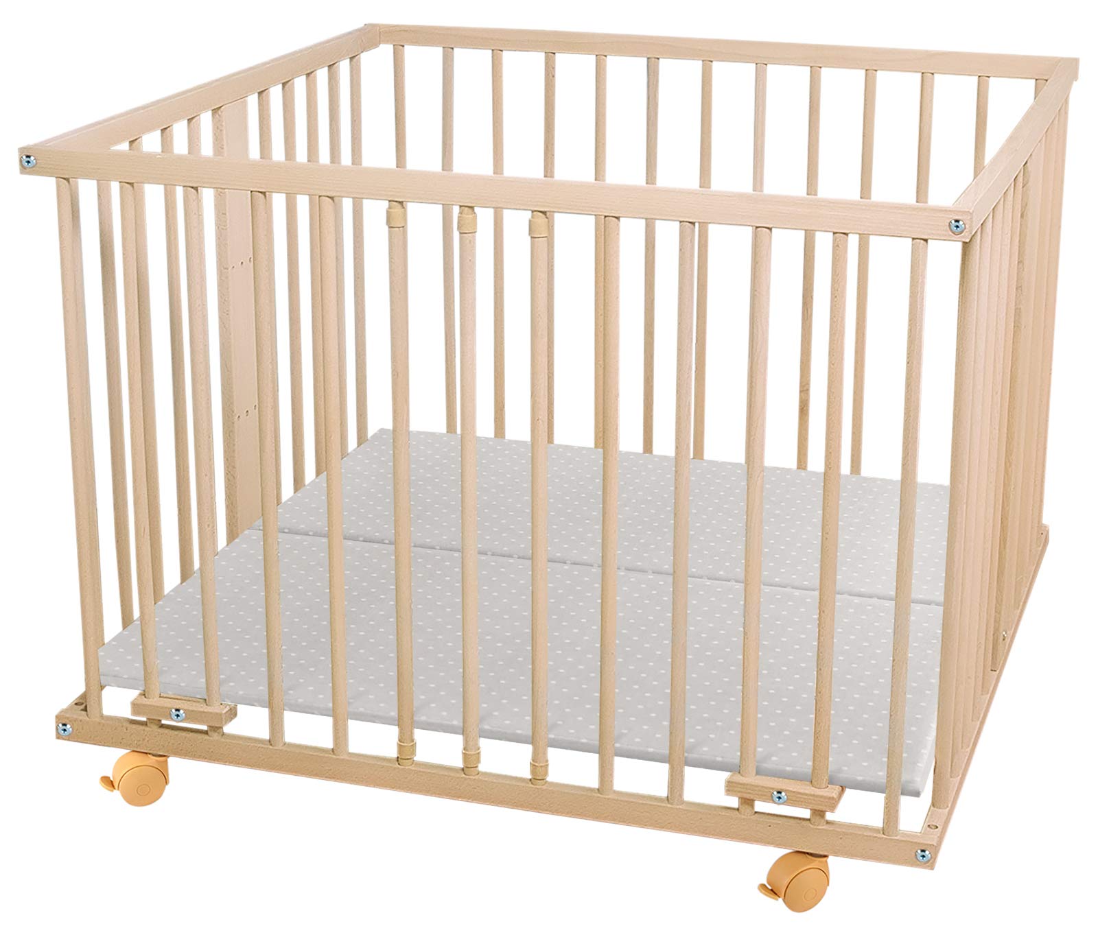 WALDIN Baby Laufgitter/Laufstall ca. 100 x 100 cm, BUCHE MASSIV, höhen-verstellbar, 2 Modelle wählbar, natur unbehandelt, Stoff weiß/Punkte grau