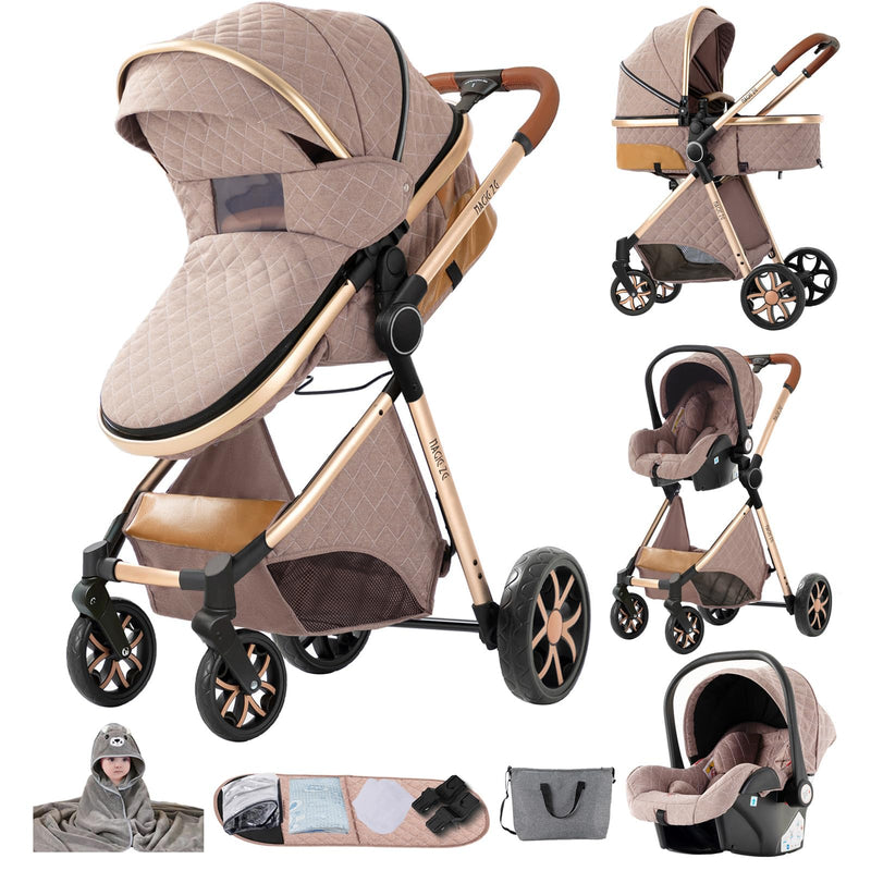MoLi Kinderwagen 3 in 1, Kinderwagen mit Umkehrbarem Doppelschiebemodus, Buggy mit Großer Bequemer Babywanne, Kombikinderwagen 3 in 1 Rahmen Aluminiumlegierung Faltbar Hohe Landschaft (225 Khaki)