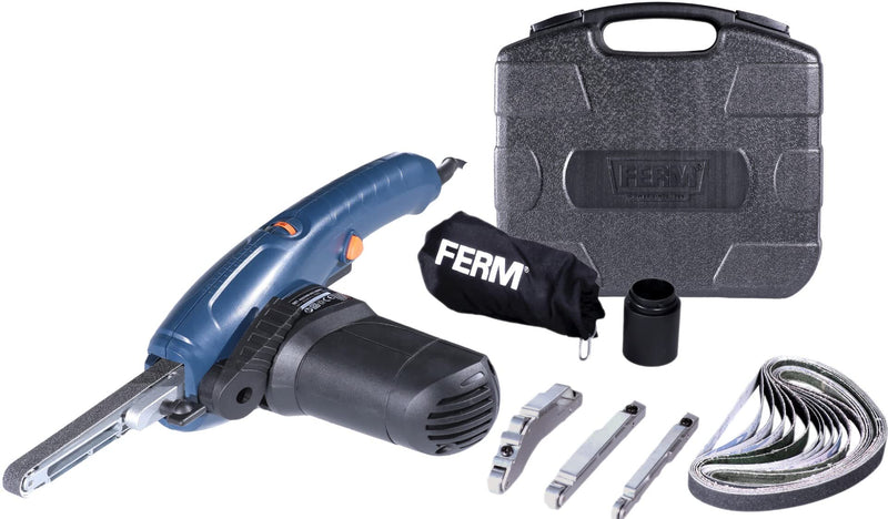 FERM Präzisionsbandschleifer 400W - Variable Geschwindigkeit - Inkl. 3 Schleifarmen und 12 Schleifbänder in einem robuster Aufbewahrungskoffe
