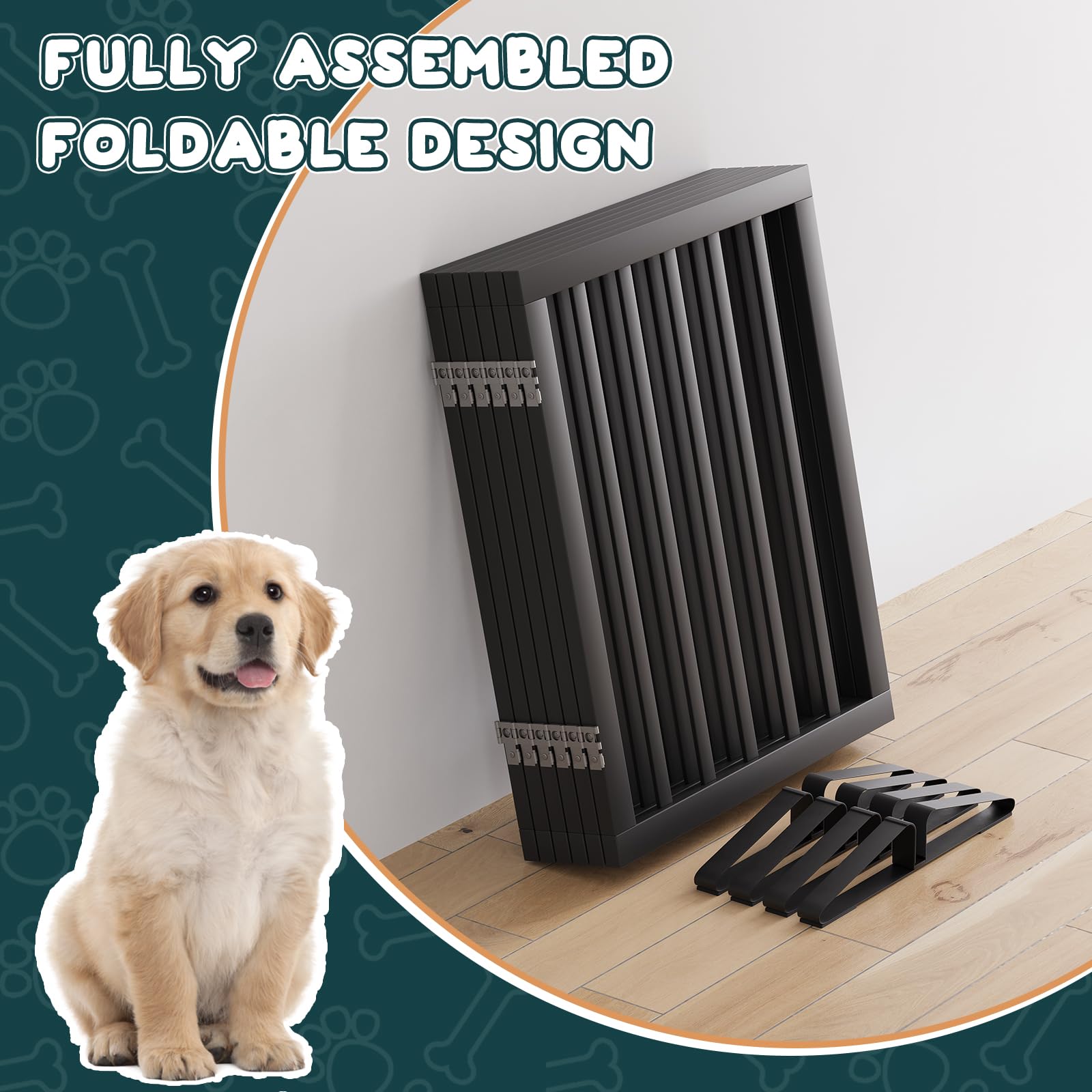 Semiocthome Freistehende Baby- & Haustiergitter aus Bambus, Hunde- und Katzengitter für Türen, Treppenschutzgitter für Welpen, Faltbare Sicherheitsgitter (Schwarz, 3 Panels -60cm Height)