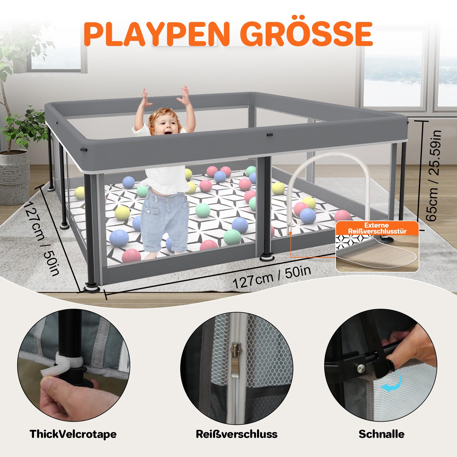 Laufstall Baby Faltbar Playpen with Mat - 127x127CM-Laufgitter, Schneller Aufbau, Sicher & Tragbar für drinnen & draußen (Grau)