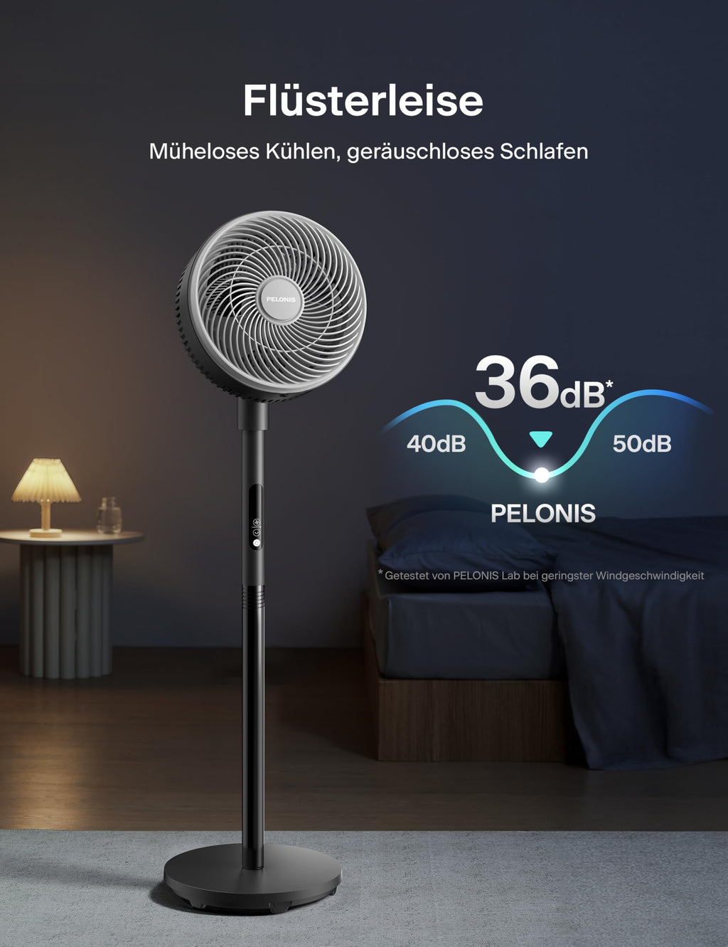 PELONIS Standventilator mit Fernbedienung Touch Display 3D Zirkulation 36.5dB Leise 10m Luftstrom Höhenverstellbar 60/111cm 4 Stufen mit Timer, Abnehmbarer Schutzgitter Rotationslüfter