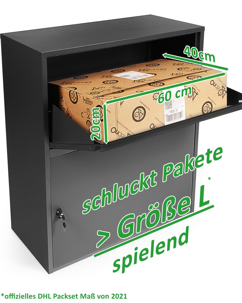 Ondis24 Korona Paketbox Postbox für Pakete, Päckchen, Warensendungen und Briefe mit Paketsafe (Schwarz, XXL 103 cm x 73 cm)