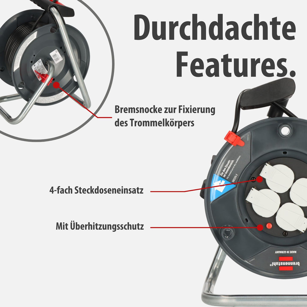 Brennenstuhl Garant V2 Kabeltrommel 25m Kabel (Made in Germany, 4 Schutzkontakt-Steckdosen, Überhitzungsschutz, Trommelkörper aus Spezialkunststoff)