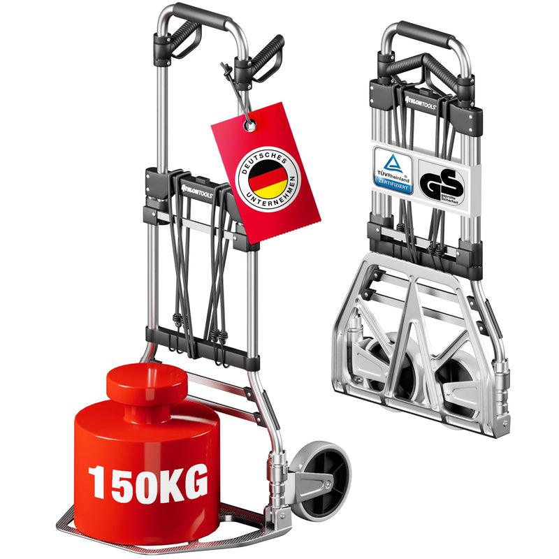 ATHLON TOOLS Schwerlast-Sackkarre klappbar 150 kg TÜV geprüft – Aluminium, große kugelgelagerte Räder mit Soft-Laufflächen, 2 Expanderseile