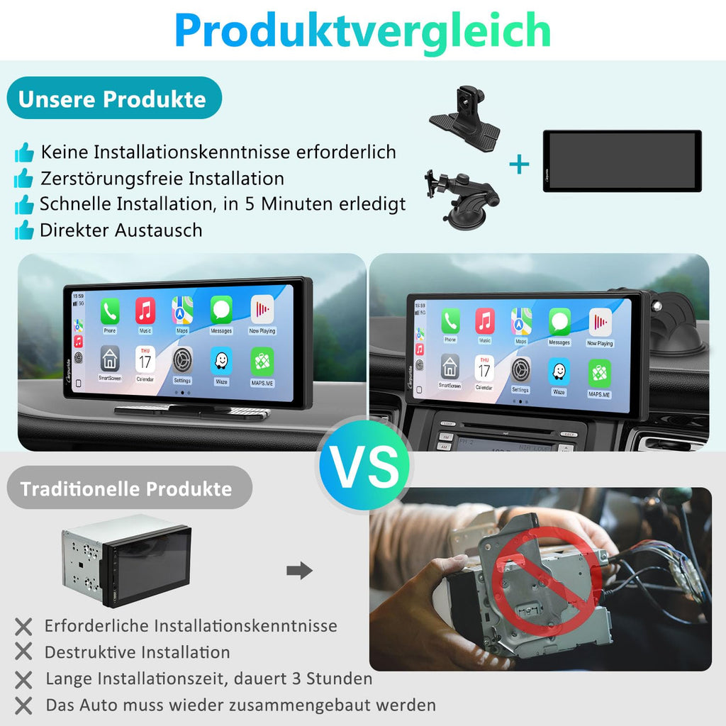Carpuride V92 Tragbares Autoradio Kabellos Carplay & Android Auto, 10,26 Zoll 1080P HD Touchscreen Radio mit BT 5.0, Mirror Link Halterung Truck RV Armaturenbrett