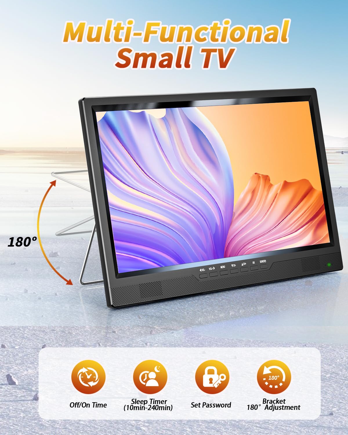 DESOBRY 19-Zoll Fernseher, 1080P Kleiner Fernseher DVB-T2-Tuner mit Antenne, Wiederaufladbarer TV HDMI AV USB Eingang, Tragbarer 12V TV für Camping, Wohnmobil, küchen