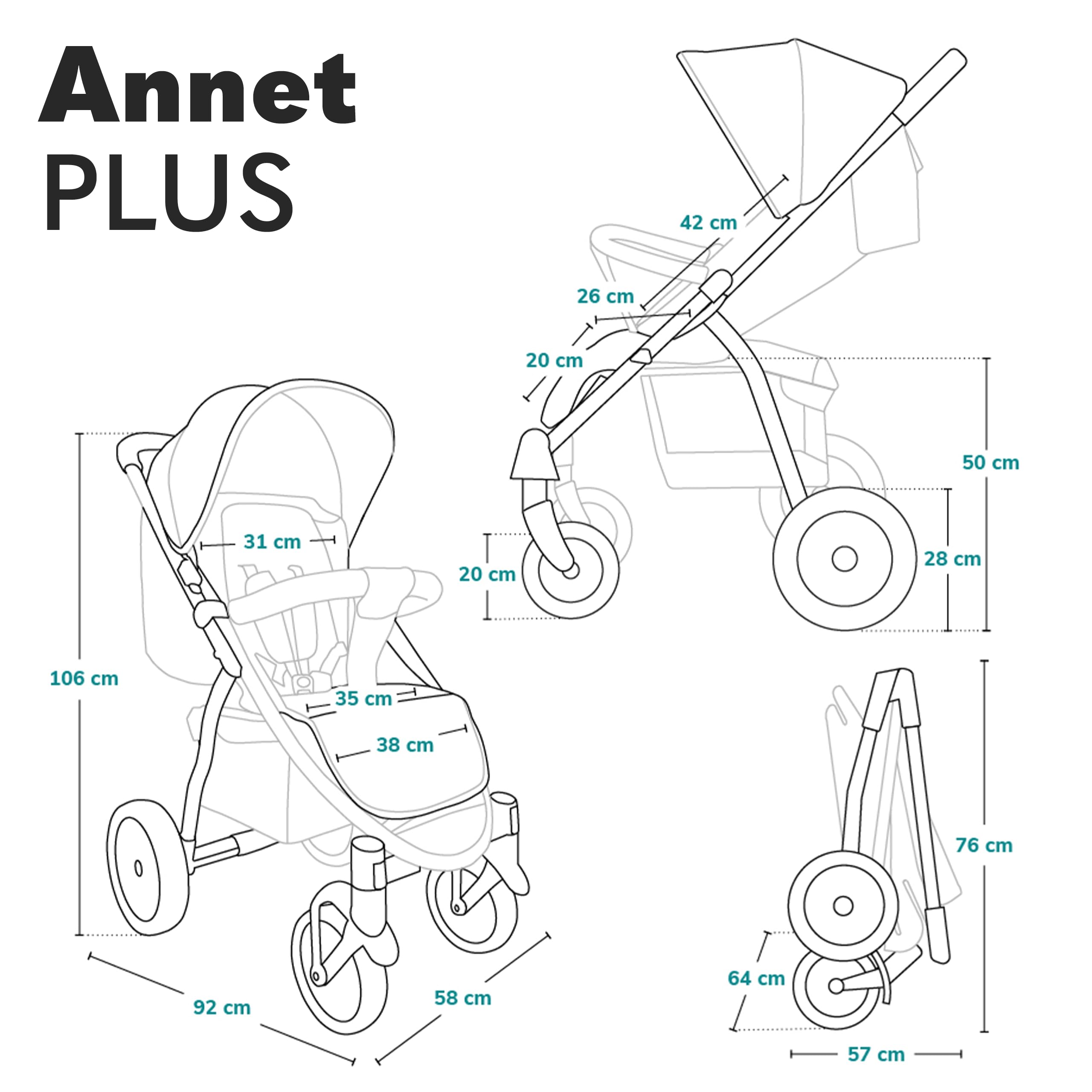 LIONELO Annet Buggy bis 22 kg mit Liegefunktion, Kinderwagen klein zusammenklappbar mit Zubehör, Eva-Schaum-Räder, Moskitonetz, Fußdecke Getränkehalter, Korb