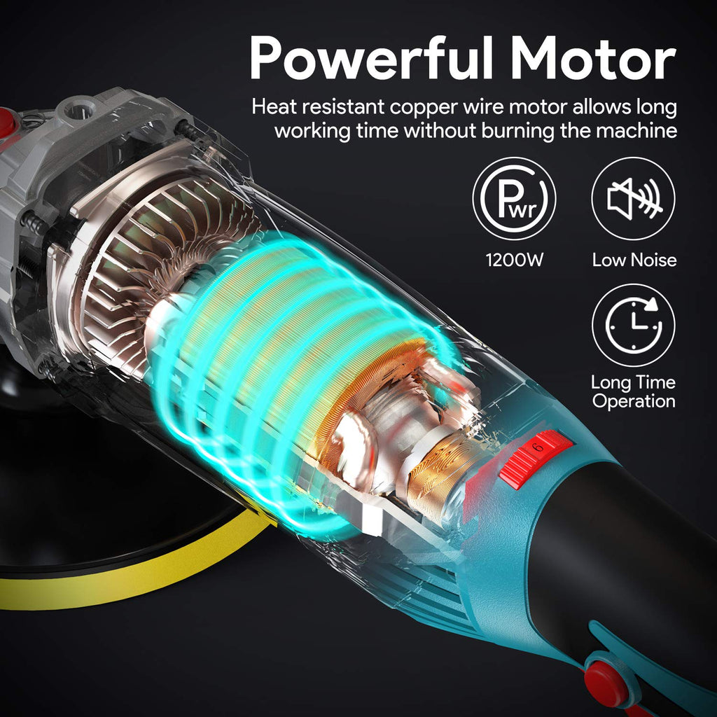 Poliermaschine, ENEACRO 1200W Polierer 6 Variable Geschwindigkeit 1000-3500U/min mit 150/180mm Polierteller, abnehmbarer D-Griff und Seitengriff, zum Polieren von Auto, Möbeln