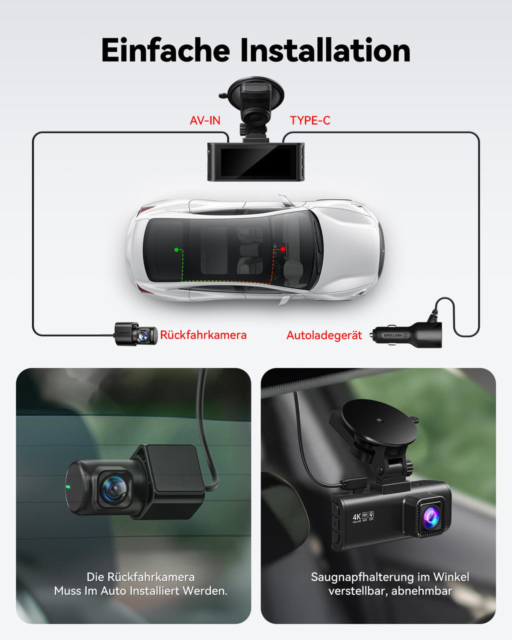REDTIGER Dashcam 4K FrontUndHeck UltraWeitwinkel STARVIS2 GPSWiFi AutofahrerPremium