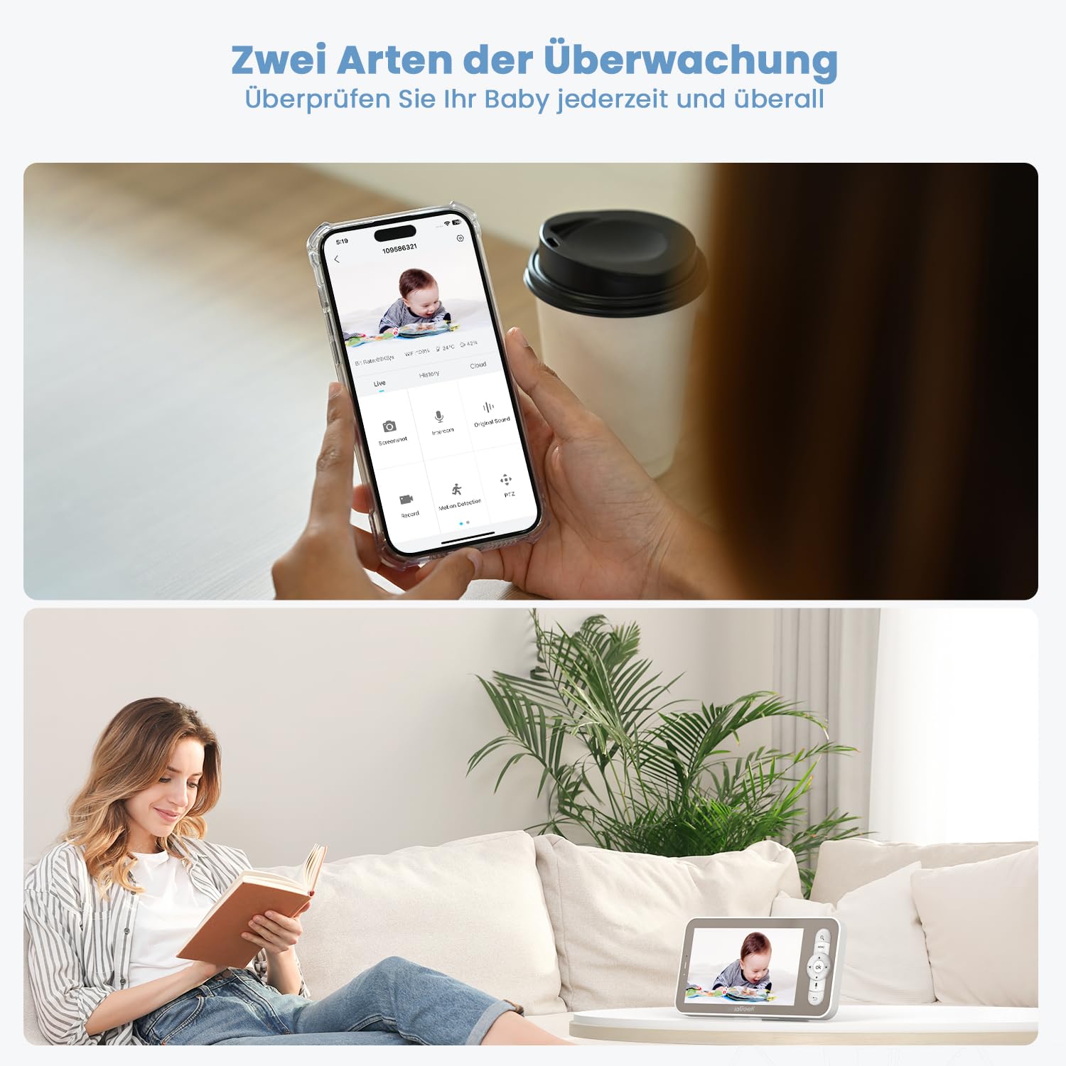 ieGeek Babyphone mit Kamera Top Qualität 2K/3MP, 5 Zoll WLAN Video babyfone PTZ 360°, IR-Nachtsicht, Automatische Verfolgung, Weinen/Bewegungs/Geräuscherkennung, Temperaturanzeige,Mobile App Steuerung