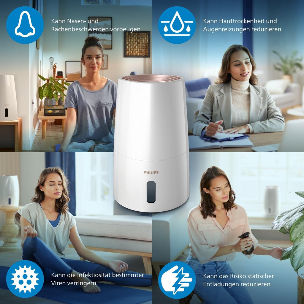 PHILIPS Luftbefeuchter 3000 Serie, für 45 m², NanoCloud, 99,97% weniger Bakterien, 300 ml/h, 3 Stufen, Schlafmodus, Ultraleise (33 dB), Feuchtigkeitssensor, Timer, 3L Tank, Weiß (HU3916/10)
