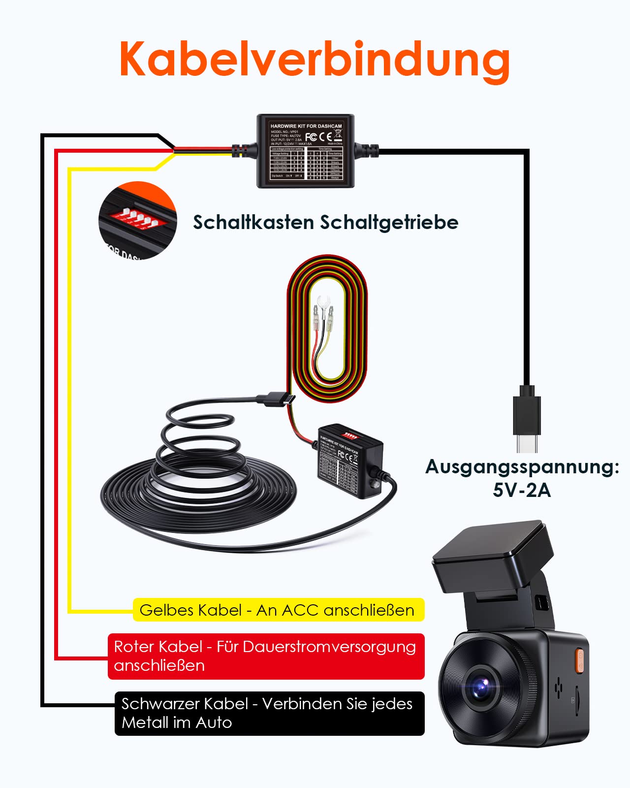 VANTRUE 5 Stufen 11,5 Ft USB-C Hardwire-Kit mit Acc für alle Dashcams, 6 Aufnahmezeiteinstellungen, 12V-24V zu 5V, 24Std. Parkmodus, kompatibel mit USB-C Dashcam