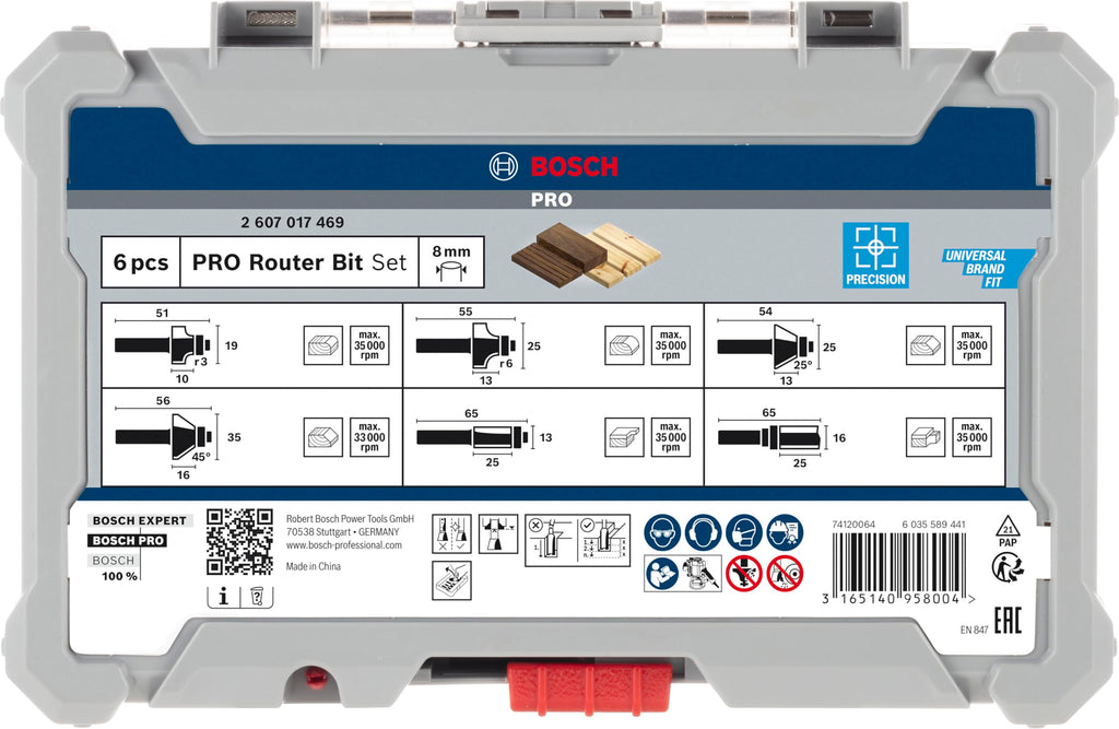 Bosch 6x PRO Rand- und Kantenfräser-Set, 6-tlg. (für Weichholz, Hartholz, Ø 19, 25, 25, 35, 13, 16 mm, Professional Zubehör Handfräse, Kantenfräse)