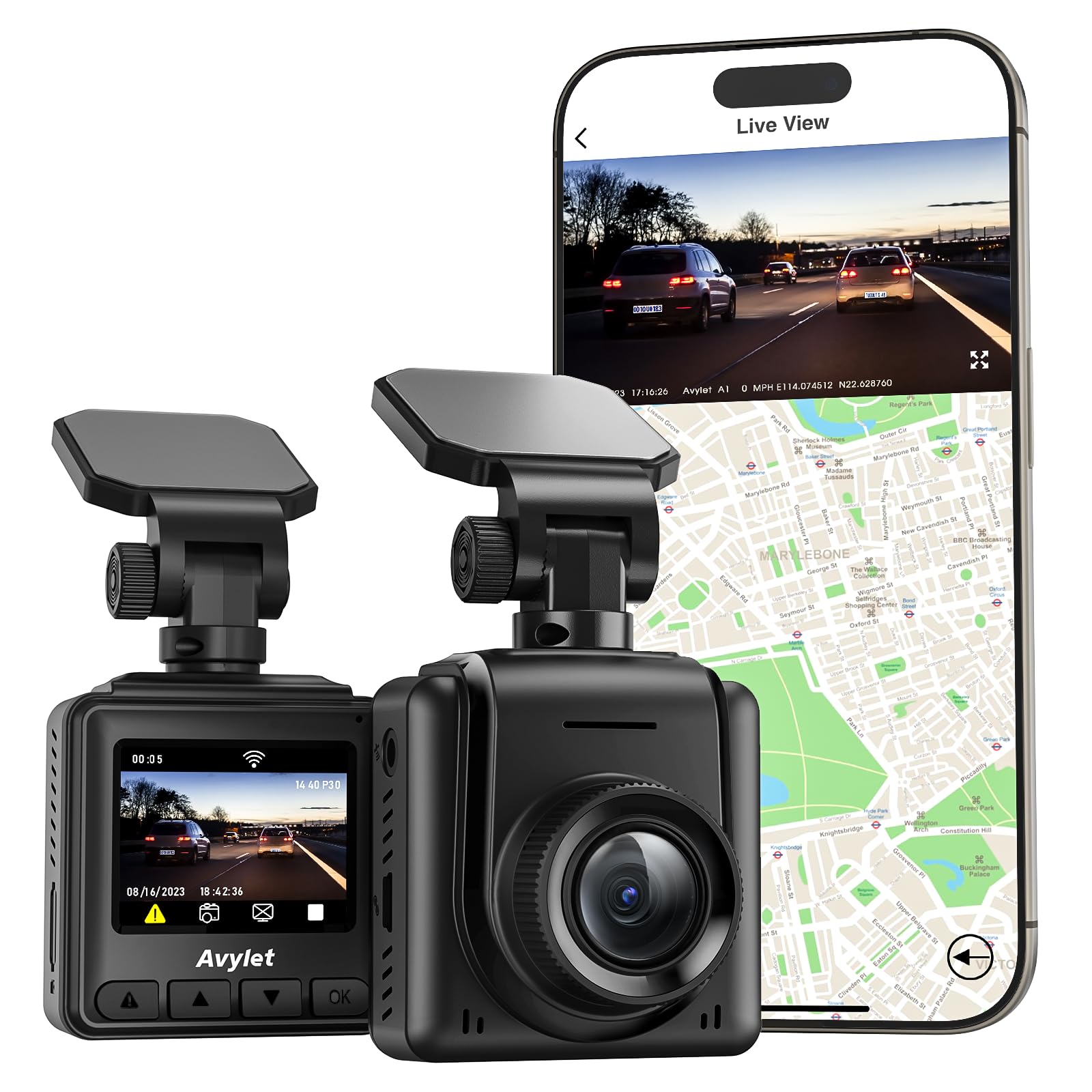 Avylet Dashcam Auto WiFi 2K, Mini Vorne Autokamera Unterstützt externes GPS-Modul, 1.5" IPS-Bildschirm, APP, Ultra Nachtsicht & 150° Weitwinkel, WDR, 24/7 Parkmodus mit Bewegungserkennung, G-Sensor