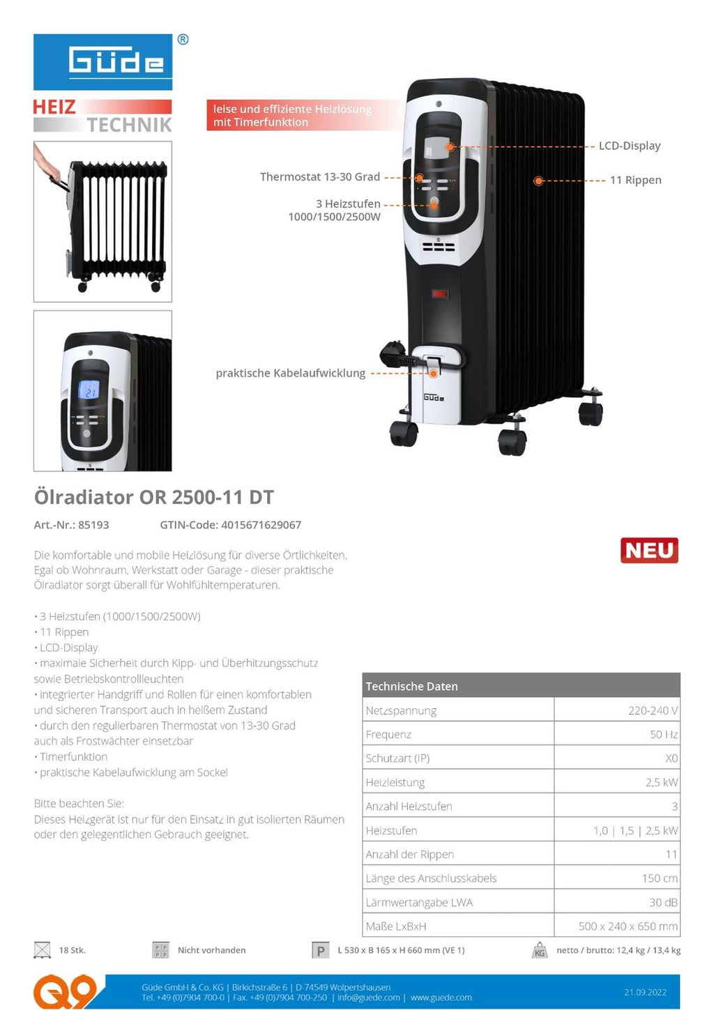 Güde Ölradiator OR 2500-11 DT (2500 W, 3 Heizstufen: 1000/1500/2500 W, LCD-Display, Kipp- & Überhitzungsschutz, stufenlos regulierbarer Thermostat, Timerfunktion, Handgriff & 4 Rollen)