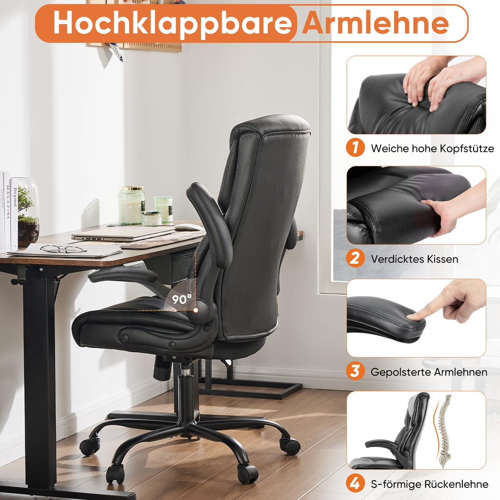Sweetcrispy Chefsessel PU Leder Bürostuhl Ergonomisch, Schreibtischstuhl mit Hochklappbaren Armlehnen, Ergonomischer Computerstuhl mit Hoher Rückenlehne, Gaming PC Drehstuhl für Arbeit Ruhe, Schwarz