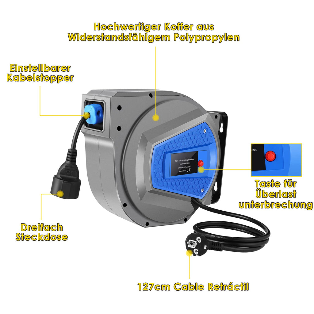 Professionell Automatische Kabeltrommel | 15m+1m Wand- und Deckenmontage | 180° Drehbares Kabel | Spritzwassergeschützt| für Innen- und Außenbereiche | Leistung 1500-3000W