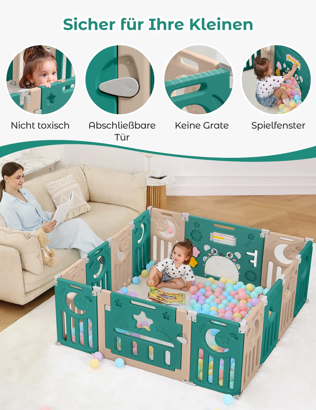 Dripex Laufstall Baby faltbar 150x150x62cm (14 Paneele) mit Spielboard, Laufgitter Baby, Kinderlaufstall & Babyzaun aus strapazierfähigem Plastik, Playpen für Innen & Außen, Braun