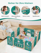 Dripex Laufstall Baby faltbar 150x150x62cm (14 Paneele) mit Spielboard, Laufgitter Baby, Kinderlaufstall & Babyzaun aus strapazierfähigem Plastik, Playpen für Innen & Außen, Braun